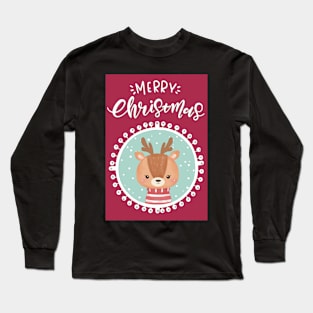 Merry Christmas, greetingcard with a cute little deer in the snow Long Sleeve T-Shirt